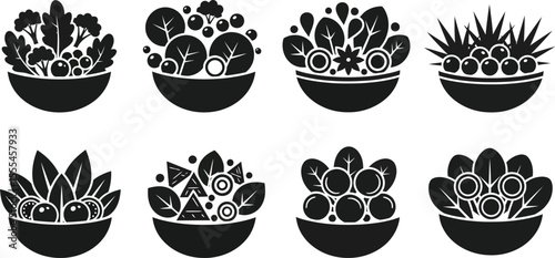 Collection of eight salad bowl icons with various ingredients in black and white vector format style