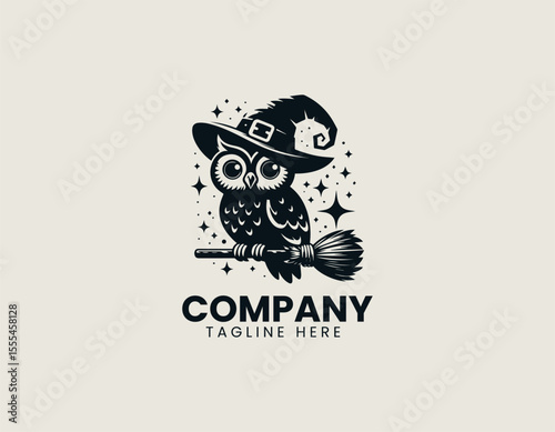 Mystical Owl Witch Familiar Broom Flying Spellbound Fantasy Vector Logo