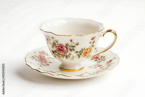 Fine bone china teacup and saucer with rose floral pattern and gold trim detail