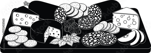 Monochrome illustration of a charcuterie board with cheese and sausage and fruit and crackers
