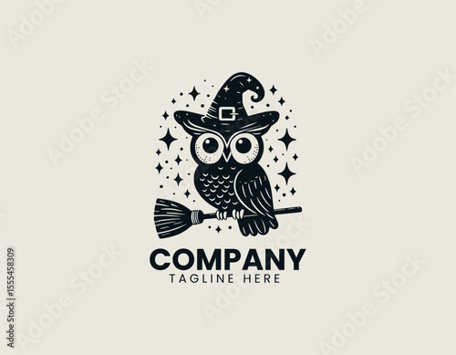 Enchanting Owl Wearing Witch Hat Perched on Broomstick Magical Vector Logo Design