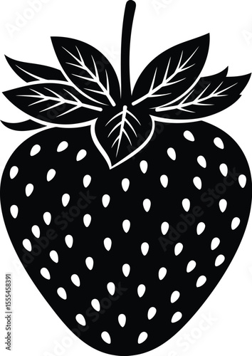 A detailed black and white illustration of a strawberry with leaves and visible seeds design art