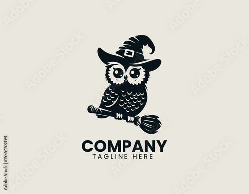 Enchanting Owl Wearing Witch Hat Perched on Broomstick Magical Vector Logo Design
