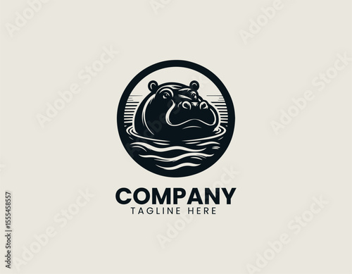 Peaceful Hippopotamus In Water Serene Nature African Wildlife Vector Logo Design