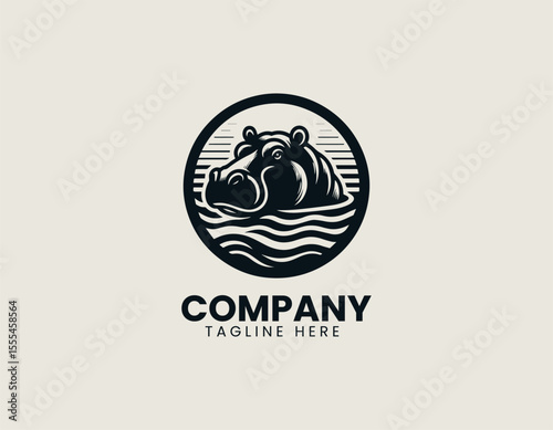 Peaceful Hippopotamus In Water Serene Nature African Wildlife Vector Logo Design