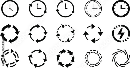 Collection of black and white clock and arrow icons arranged in a grid pattern on a white background