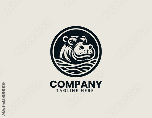 Peaceful Hippopotamus In Water Serene Nature African Wildlife Vector Logo Design