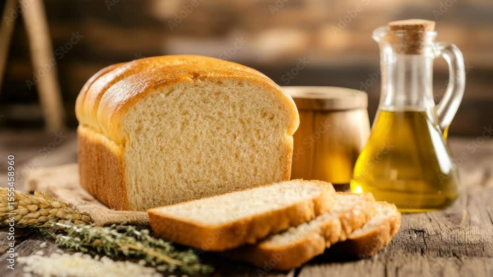 Soft white bread loaf with slices on rustic wooden table near olive oil bottle and wheat grains, evoking warm cozy food atmosphere with fresh grain and olive oil slice