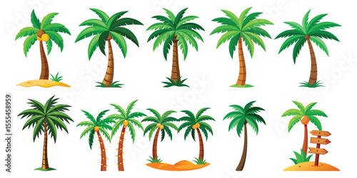 Collection of lush green palm trees evoking tropical paradise isolated on white background