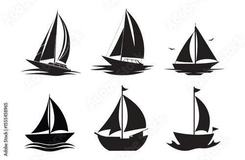 Collection of sailboat silhouettes isolated on white background showcasing various nautical designs and maritime transportation