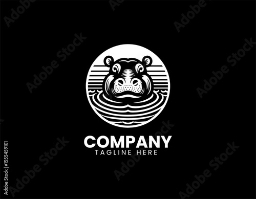Peaceful Hippopotamus In Water Serene Nature African Wildlife Vector Logo Design