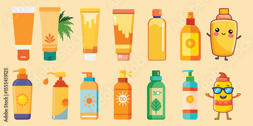 Collection of sunscreen bottles and tubes for skin protection during summer vacation isolated on white background