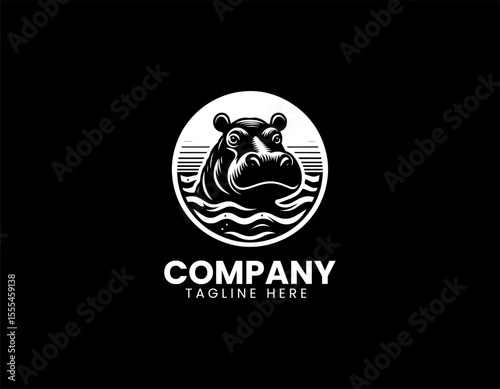 Peaceful Hippopotamus In Water Serene Nature African Wildlife Vector Logo Design