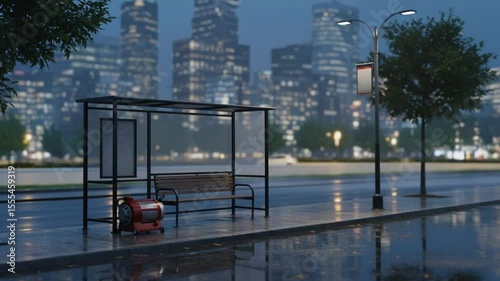 Foggy Bus Stop with Red Blower on Wet City Street at Night