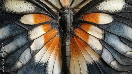 Moth wing under magnification with fine scales symmetrical design and subtle tone ideal for science nature or texture