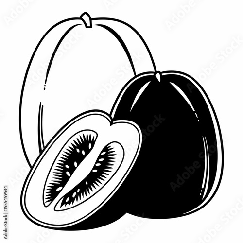 Black and White Illustration of Tamarillo Fruits Whole and Halved