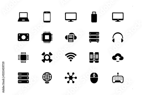 Digital Realm's Toolbox: A collection of essential tech and software icons, meticulously designed in a sleek silhouette style, providing a versatile and clean visual vocabulary.