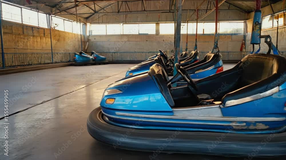 frozen bumper car arena, glossy metallic car surfaces reflecting overhead string lights, dust motes floating in sunlight rays