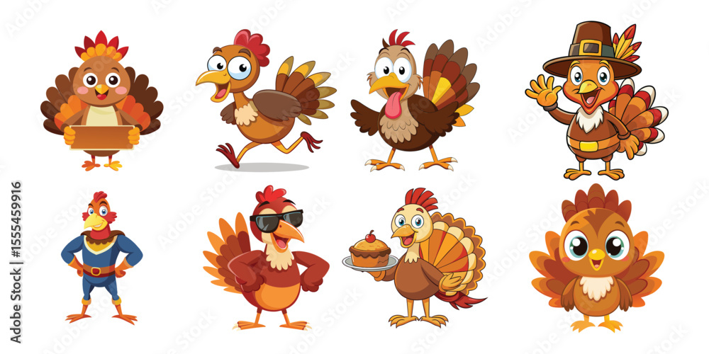 Obraz premium Festive collection of cartoon turkey characters celebrating thanksgiving isolated on white background