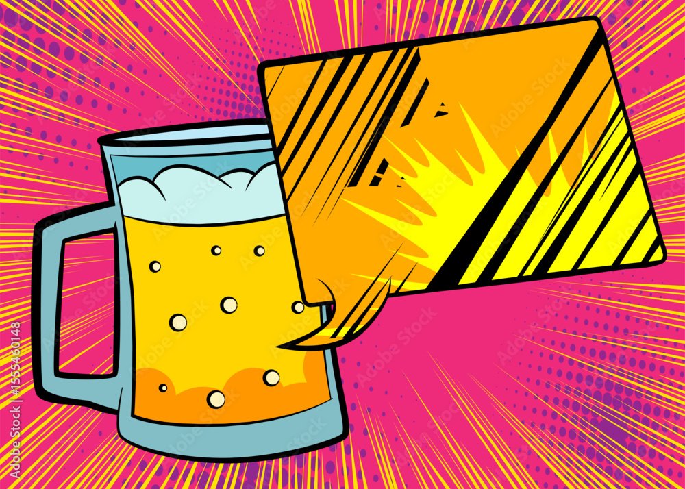 Cartoon Beer glass with blank speech bubble, comic book refreshment background. Retro vector comics pop art design.