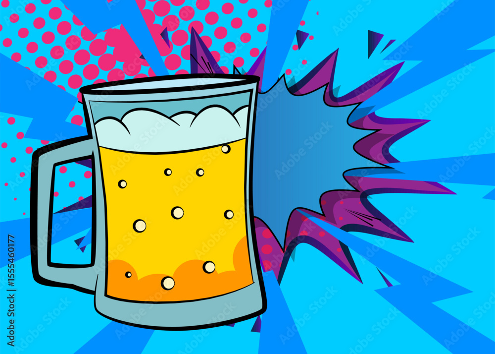 Cartoon Beer glass with blank speech bubble, comic book refreshment background. Retro vector comics pop art design.