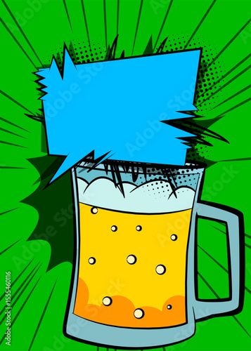 Cartoon Beer glass with blank speech bubble, comic book refreshment background. Retro vector comics pop art design.