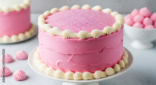 Delicious pink frosted cake with white frosting border and sprinkles