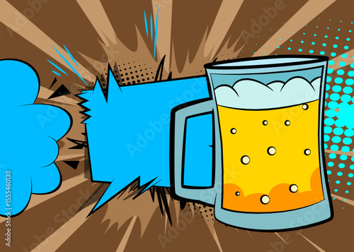 Cartoon Beer glass with blank speech bubble, comic book refreshment background. Retro vector comics pop art design.