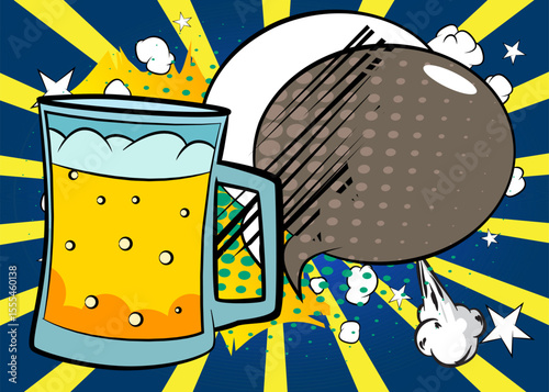 Cartoon Beer glass with blank speech bubble, comic book refreshment background. Retro vector comics pop art design.