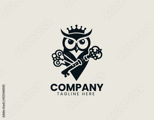 Wise Owl With Crown Holding Key Ancient Knowledge Royal Wisdom Vector Logo Design