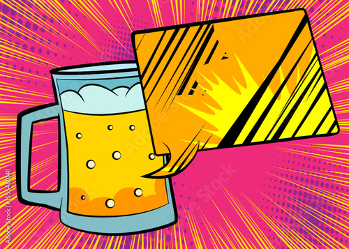 Cartoon Beer glass with blank speech bubble, comic book refreshment background. Retro vector comics pop art design.
