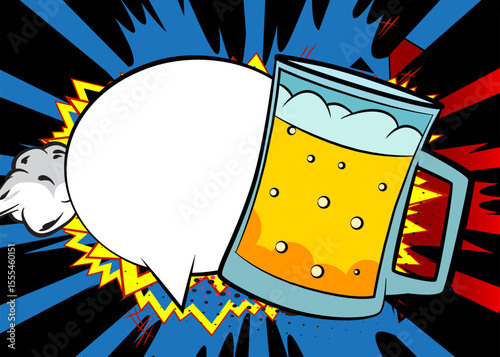 Cartoon Beer glass with blank speech bubble, comic book refreshment background. Retro vector comics pop art design.