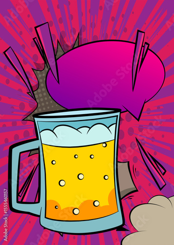 Cartoon Beer glass with blank speech bubble, comic book refreshment background. Retro vector comics pop art design.