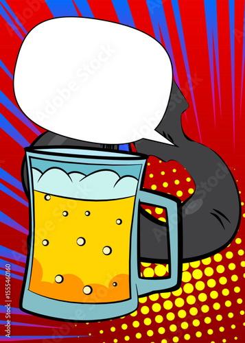 Cartoon Beer glass with blank speech bubble, comic book refreshment background. Retro vector comics pop art design.