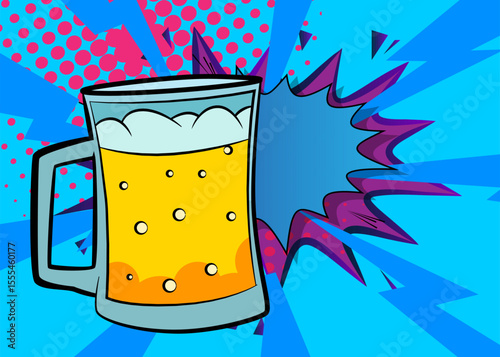Cartoon Beer glass with blank speech bubble, comic book refreshment background. Retro vector comics pop art design.