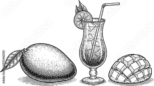 Engraved illustration of a mango, mango chunks, and a cocktail with a straw and lemon slice garnish