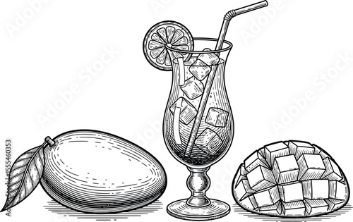 Illustration of mangoes and a tropical drink with ice cubes in a tall glass with a straw
