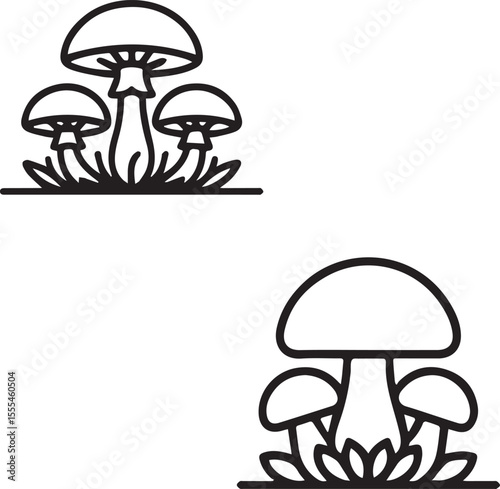 Minimalist black vector illustrations of mushrooms on white backgrounds.