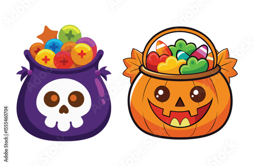 Two halloween buckets filled with candy isolated on white background one with a skull design and the other with a pumpkin face