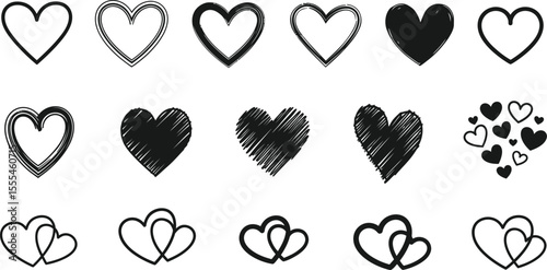 Collection of fifteen heart illustrations in various styles on a white background vector graphic