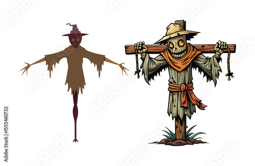 Two scarecrows stand isolated on white background one a simple silhouette and the other a detailed cartoon character