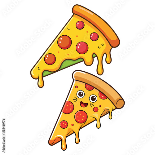 Two slices of cartoon pizza with pepperoni and cheese isolated on white background