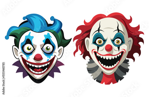 Two sinister clown faces with exaggerated features and menacing smiles isolated on white background