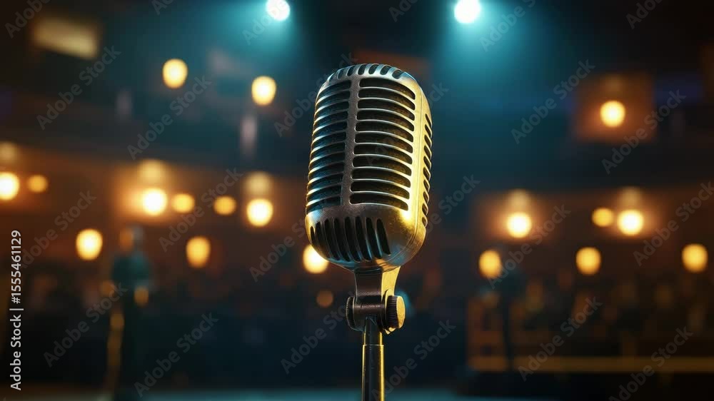 Vintage microphone on stage with blurred audience and warm spotlight creating inviting atmosphere for live music performance or speech in theater or concert setting with rich sound and cozy ambiance