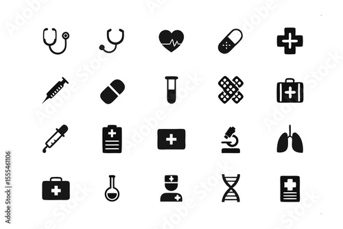 Medical Icons Set: A comprehensive set of medical icons with the aim of easy identification, ideal for representing the core of healthcare in a minimalistic graphic representation.