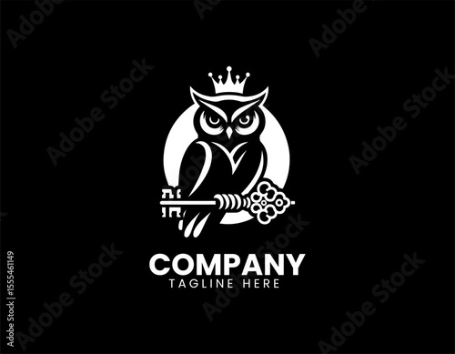 Wise Owl With Crown Holding Key Ancient Knowledge Royal Wisdom Vector Logo Design