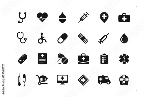 Health Icons: A set of intricately designed icons representing diverse aspects of healthcare, including a stethoscope, heart, syringe, first aid kit, medical symbol and more.