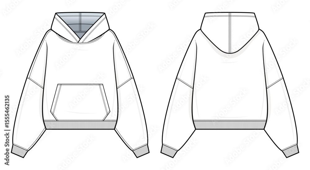 Oversized Hoodie Technical Fashion Illustration. Pullover Hoodie with Dropped Shoulders and Kangaroo Pocket Vector Template. Front and Back design. Unisex streetwear. White color. CAD Mockup.
