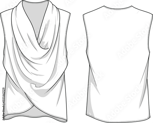 CAD drawing flat vector illustration of draped front sleeveless top, fashion sketch, stylish cowl neck blouse, technical design