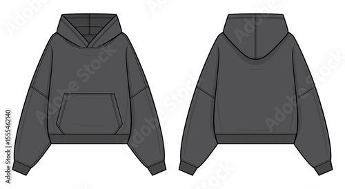 Gray Oversized Hoodie Technical Fashion Illustration. Pullover Hoodie with Dropped Shoulders and Kangaroo Pocket Vector Template. Rib Knit. Front and Back design. Unisex streetwear. CAD Mockup set.